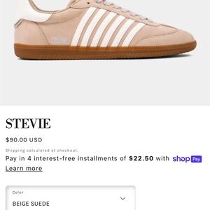 ShuShop Stevie Beige Suede Sneakers with White Stripes and Gum Sole